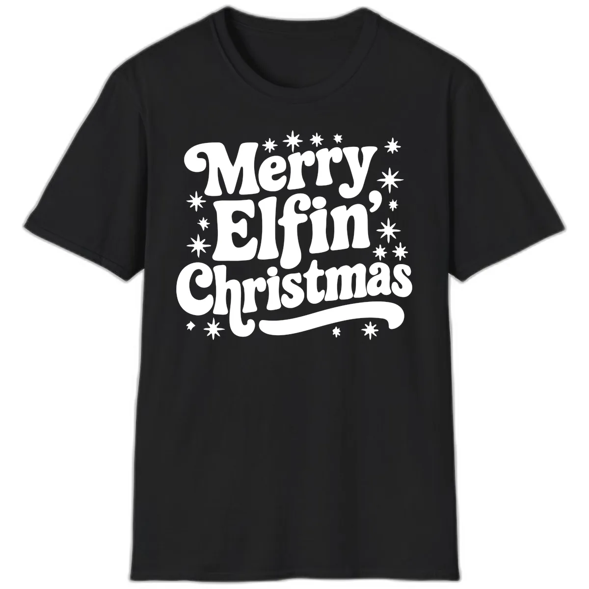 Merry Elfin Christmas Groovy Text T-Shirt in Black