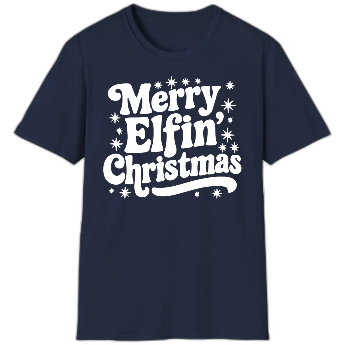 Merry Elfin Christmas Groovy Text T-Shirt in Navy