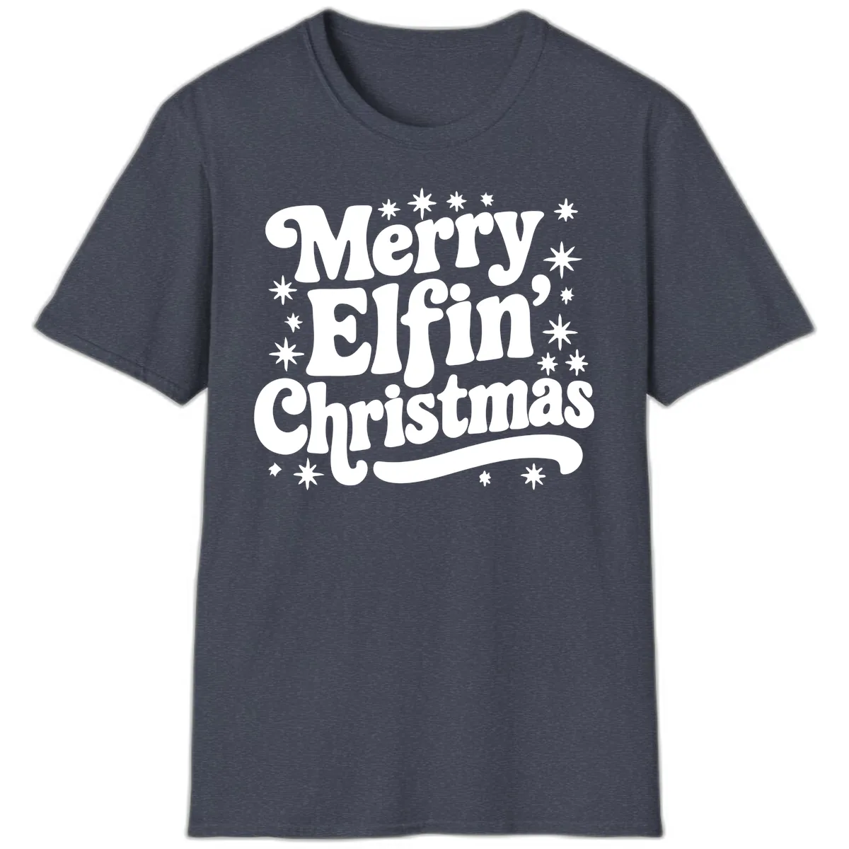 Merry Elfin Christmas Groovy Text T-Shirt in Heather Navy