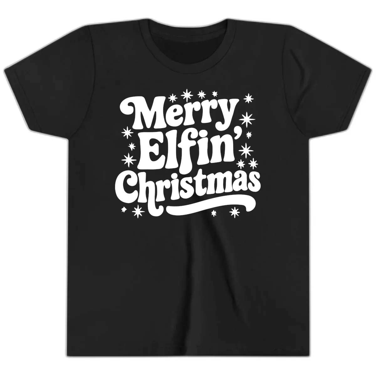Merry Elfin Christmas Groovy Text Youth T-Shirt in Black
