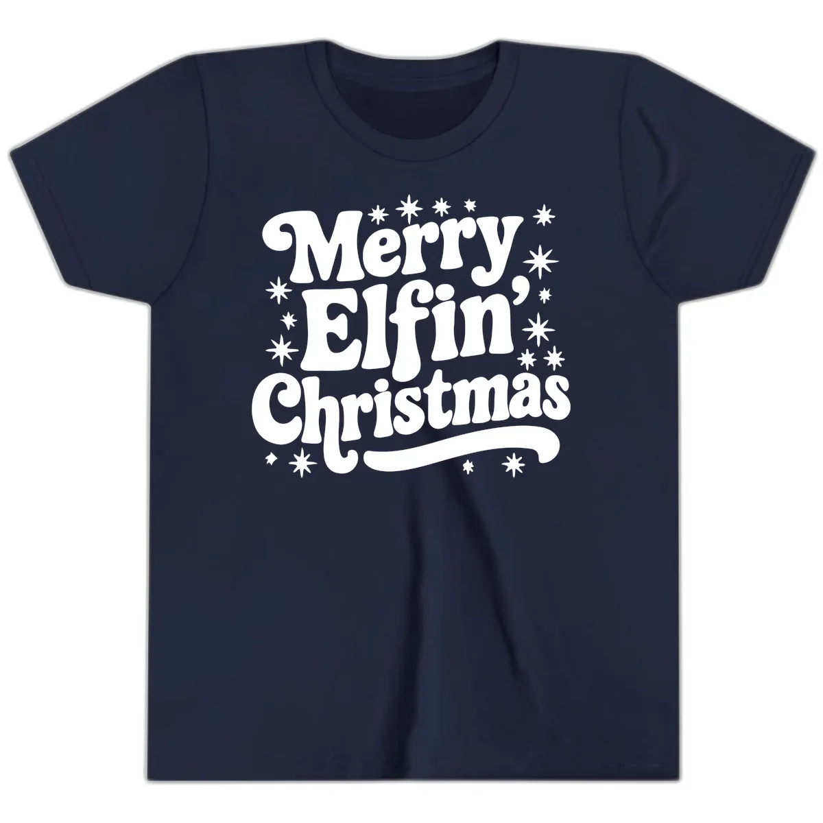 Merry Elfin Christmas Groovy Text Youth T-Shirt in Navy