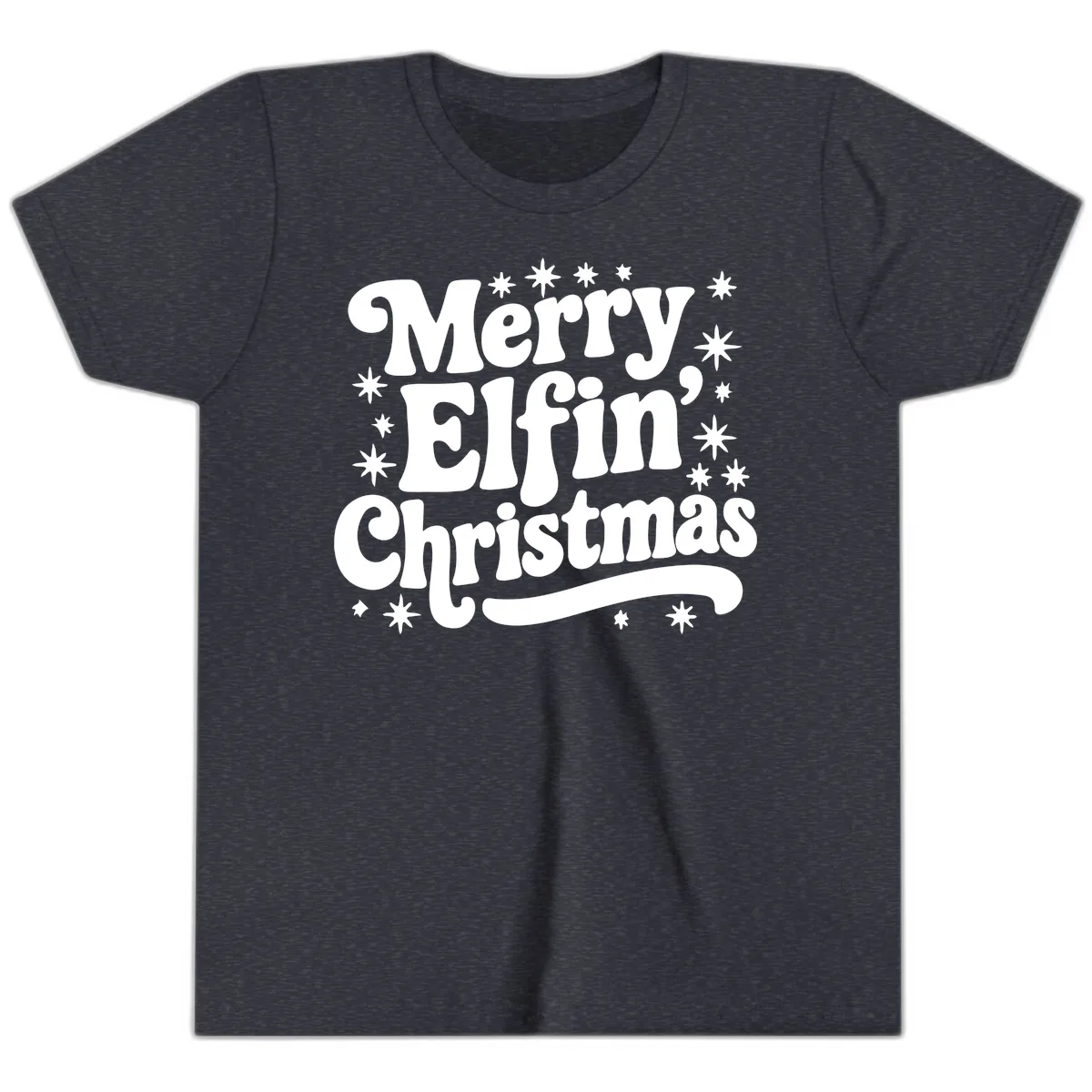 Merry Elfin Christmas Groovy Text Youth T-Shirt in Heather Navy