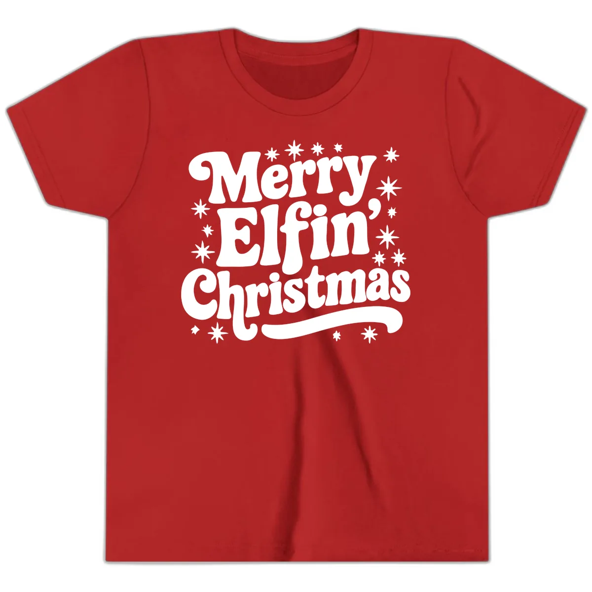 Merry Elfin Christmas Groovy Text Youth T-Shirt in Red