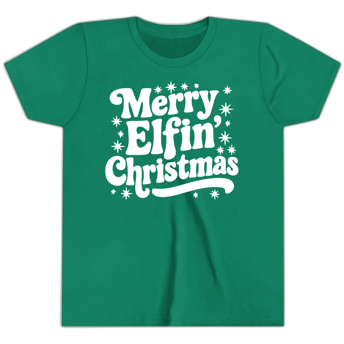Merry Elfin Christmas Groovy Text Youth T-Shirt in Kelly