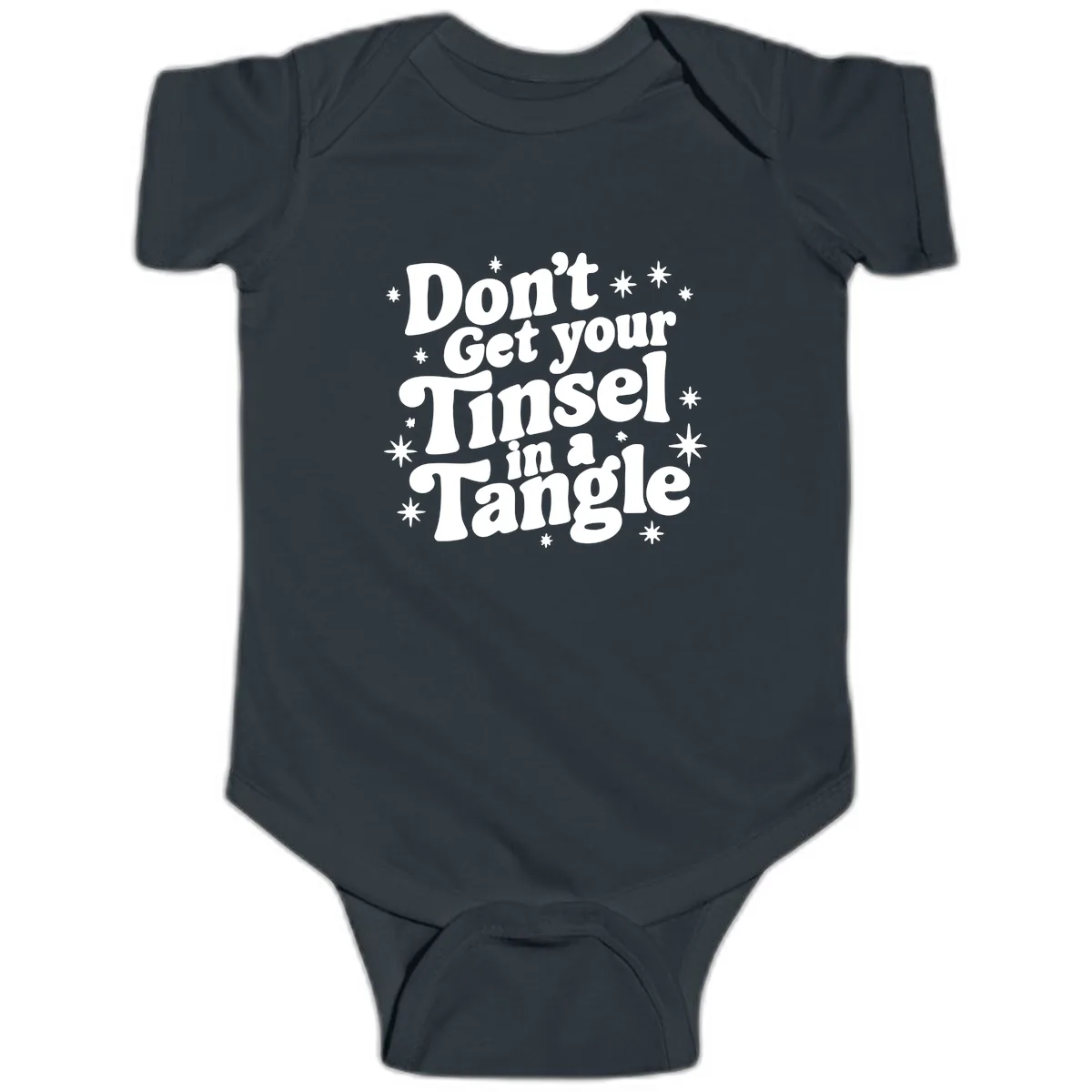 Don't Get Your Tinsel in a Tangle Holiday Design Baby Onesie in Black