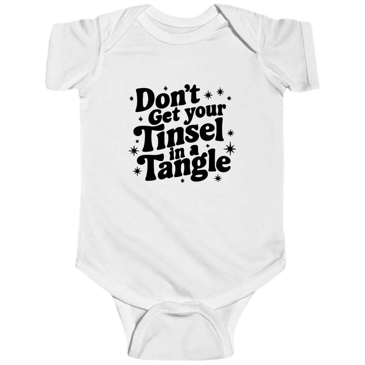 Don't Get Your Tinsel in a Tangle Holiday Design Baby Onesie in White