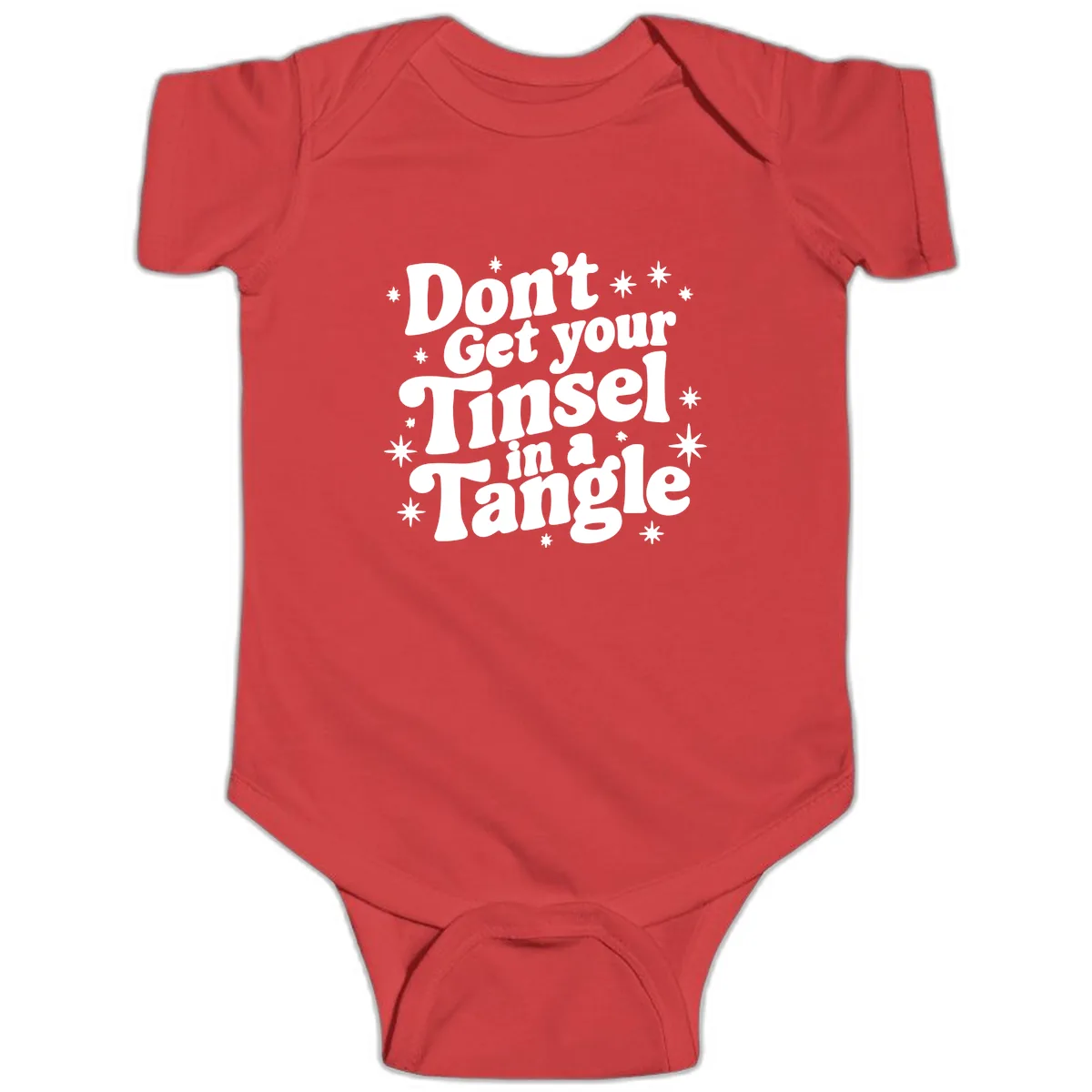Don't Get Your Tinsel in a Tangle Holiday Design Baby Onesie in Red
