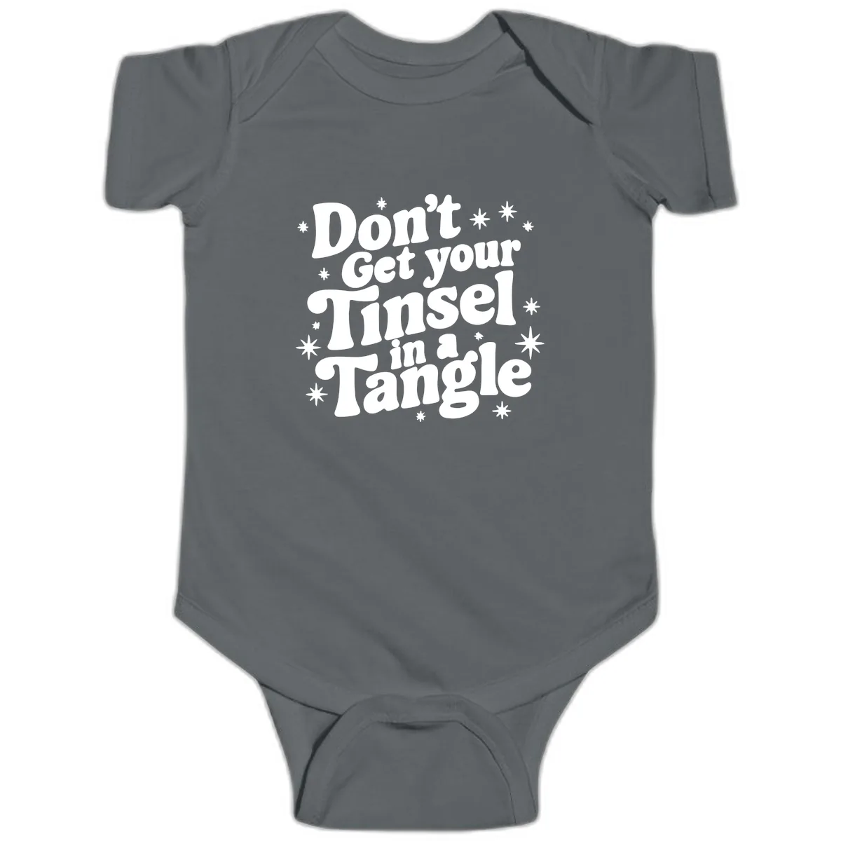 Don't Get Your Tinsel in a Tangle Holiday Design Baby Onesie in Charcoal