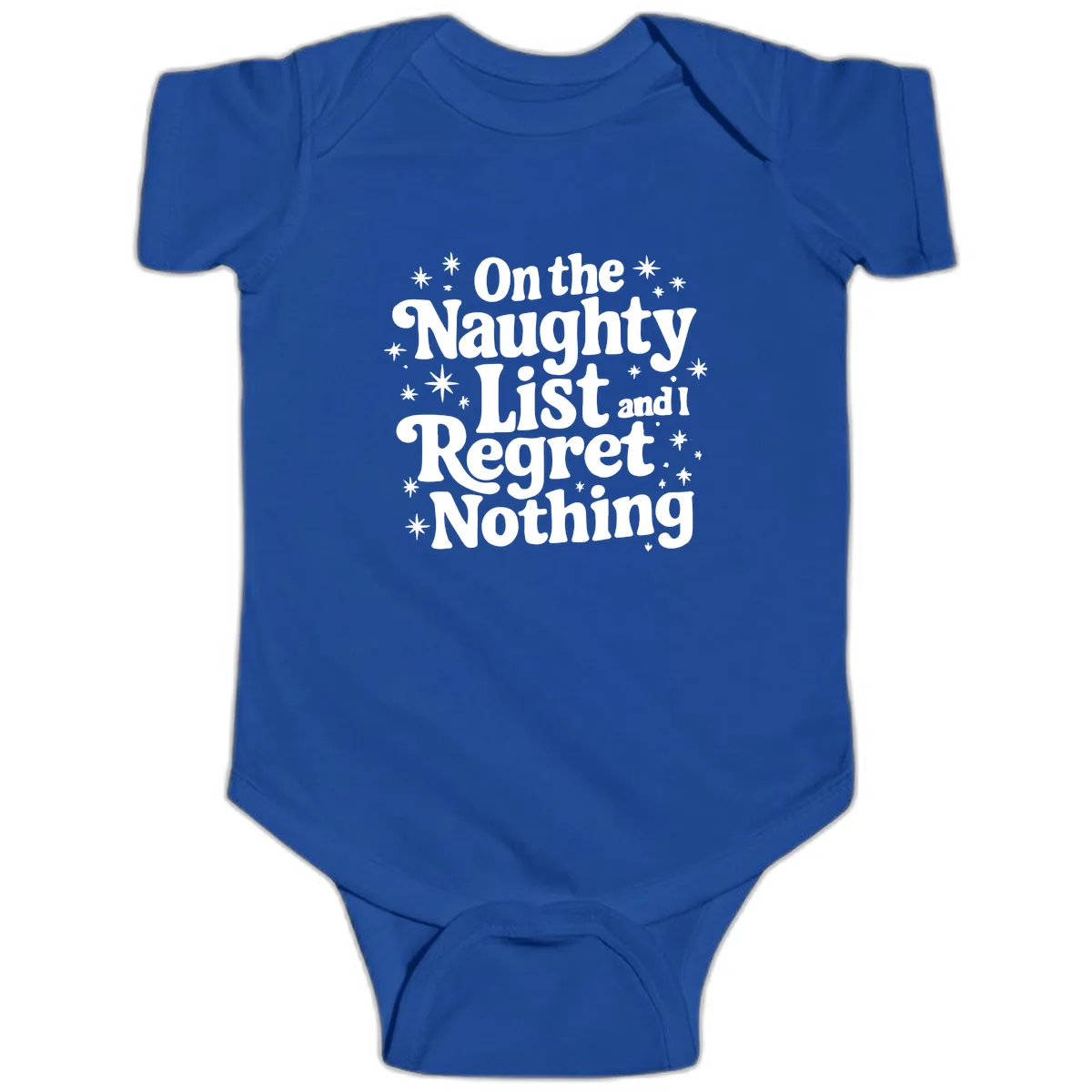 On The Naughty List And I Regret Nothing Baby Onesie in Royal