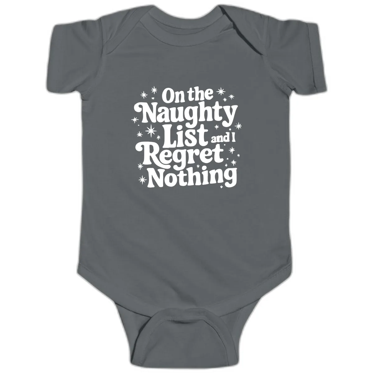 On The Naughty List And I Regret Nothing Baby Onesie in Charcoal