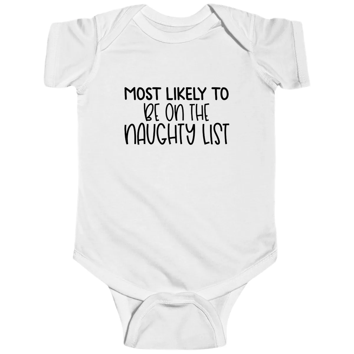 Most Likely To Be On The Naughty List Baby Onesie in White