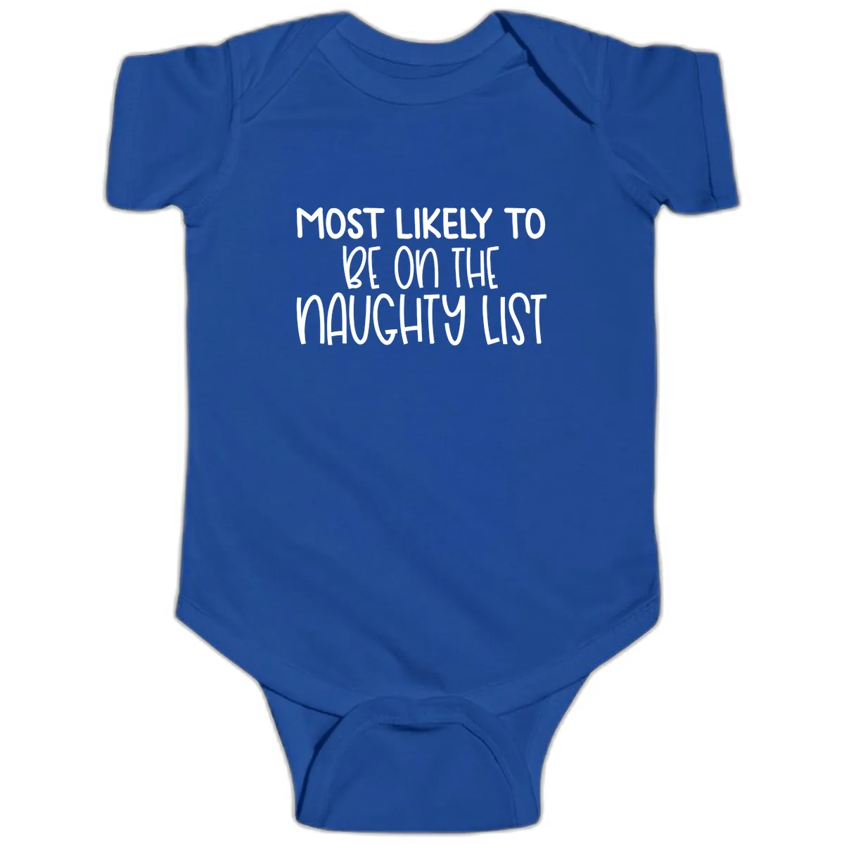 Most Likely To Be On The Naughty List Baby Onesie in Royal