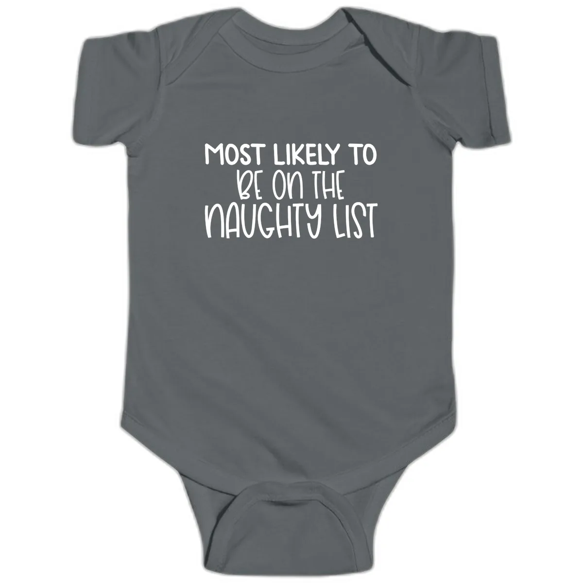 Most Likely To Be On The Naughty List Baby Onesie in Charcoal