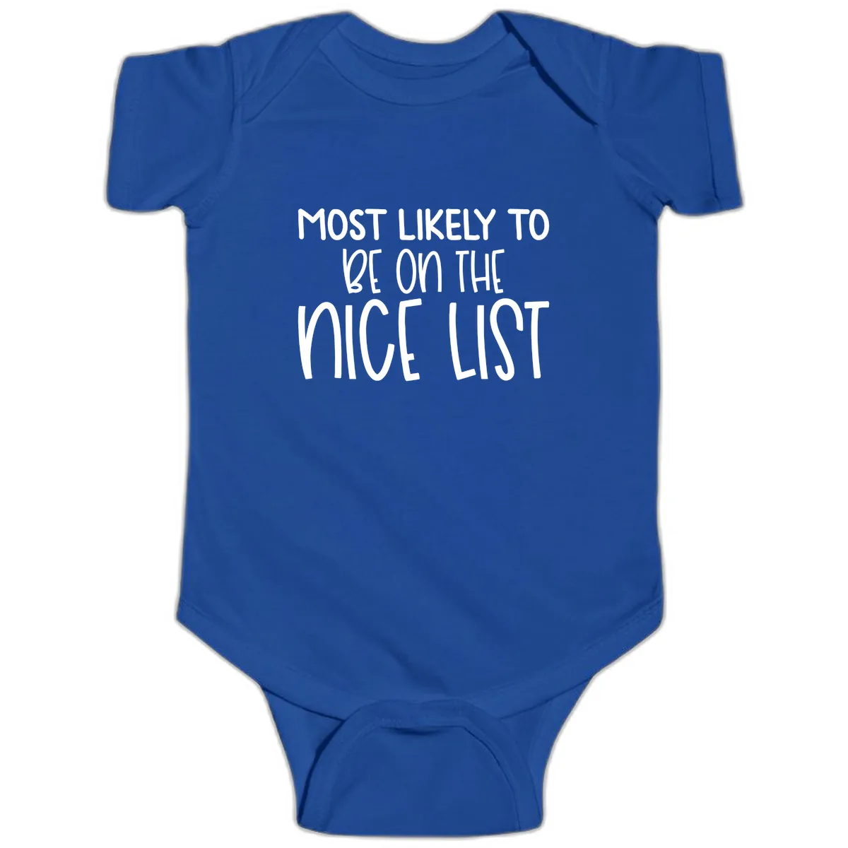 Most Likely To Be On The Nice List Baby Onesie in Royal