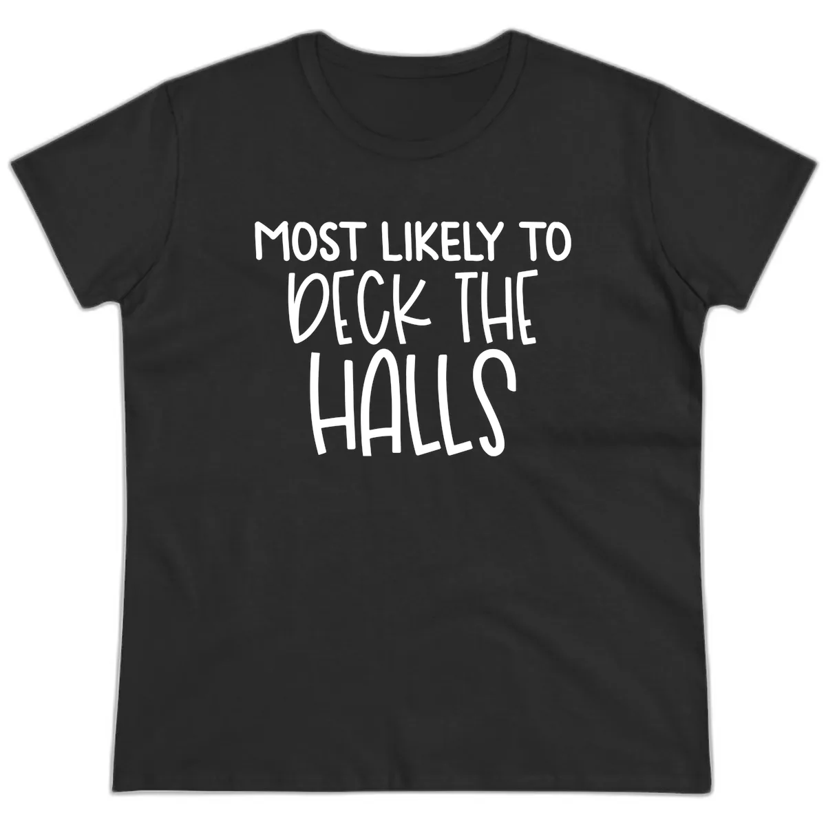 Most Likely To Deck The Halls Holiday Phrase Ladies Tee in Black
