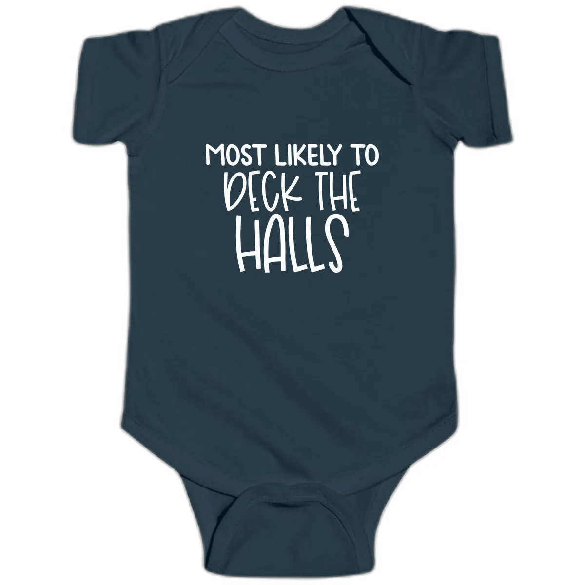 Most Likely To Deck The Halls Holiday Phrase Baby Onesie in Navy