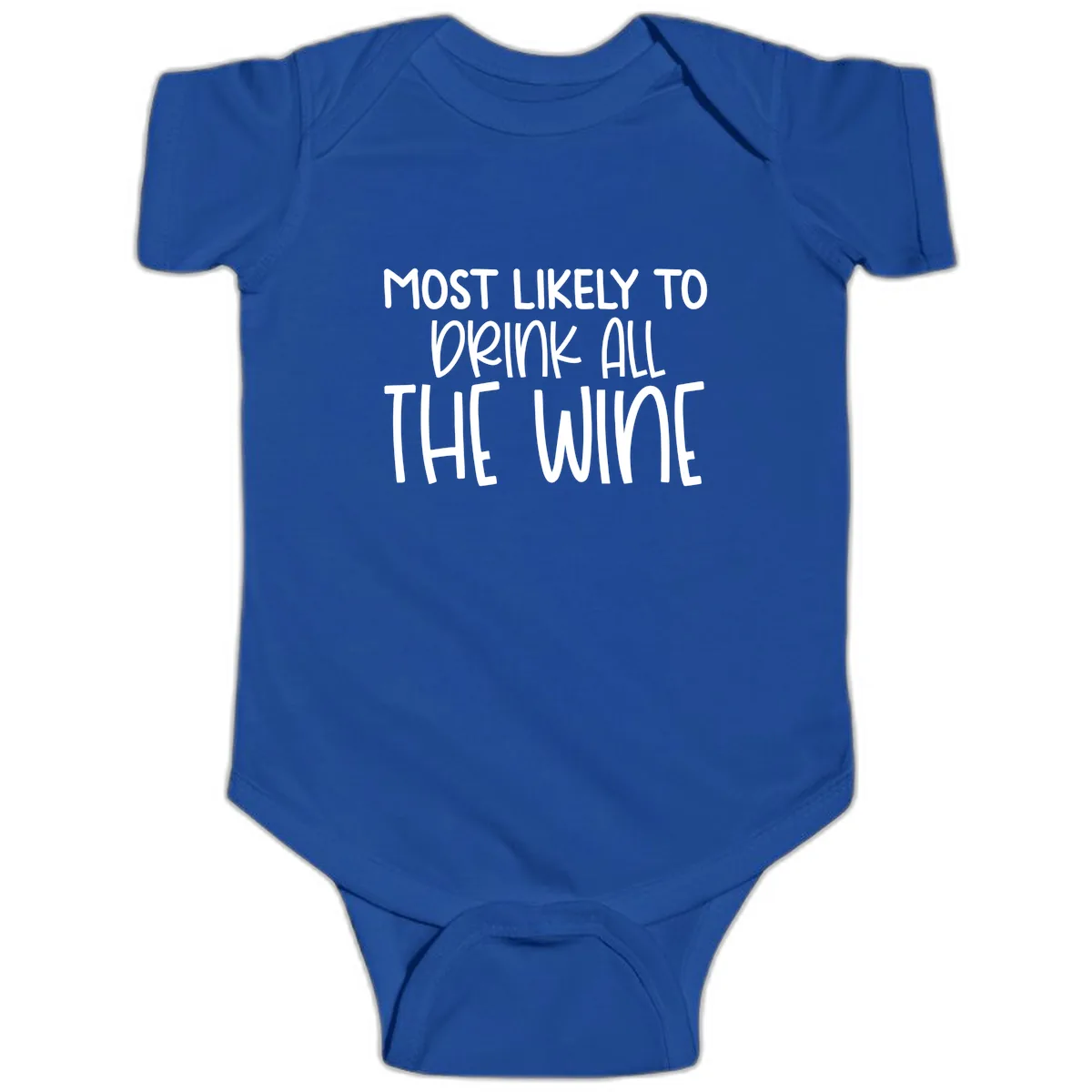 Most Likely To Drink All The Wine Baby Onesie in Royal