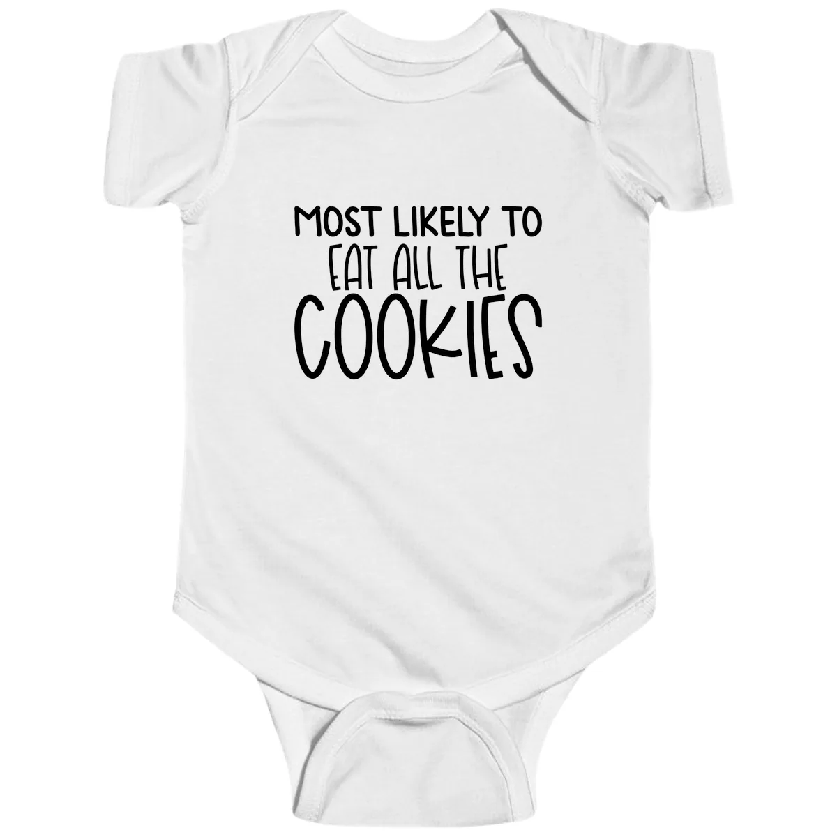 Most Likely To Eat All The Cookies Baby Onesie in White
