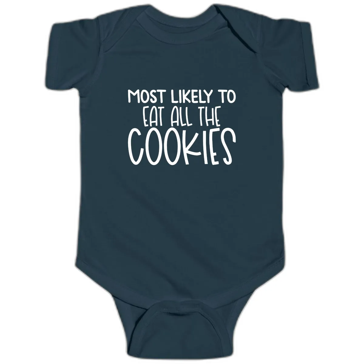 Most Likely To Eat All The Cookies Baby Onesie in Navy