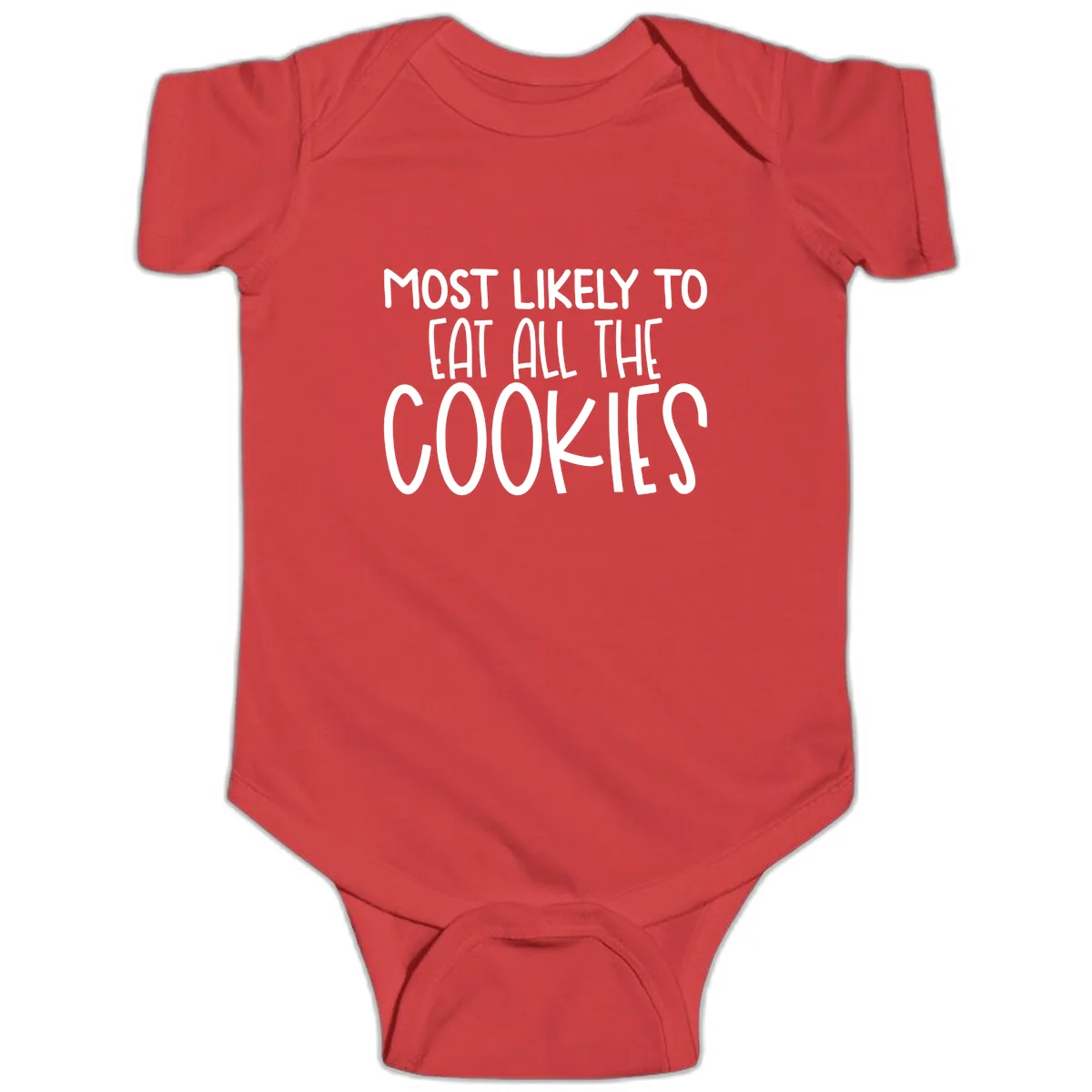 Most Likely To Eat All The Cookies Baby Onesie in Red