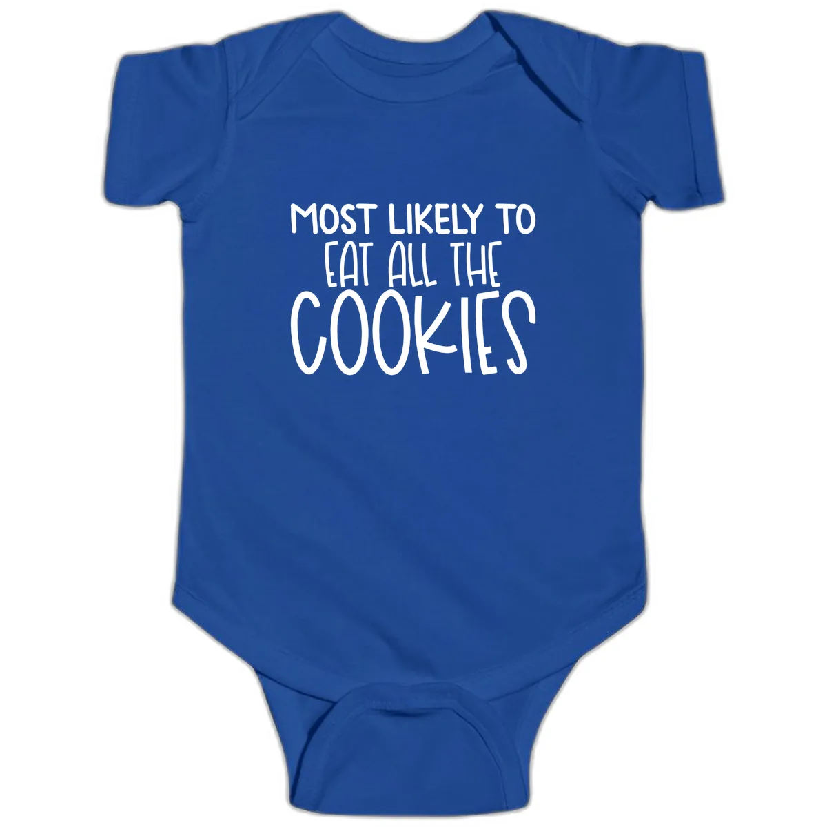 Most Likely To Eat All The Cookies Baby Onesie in Royal