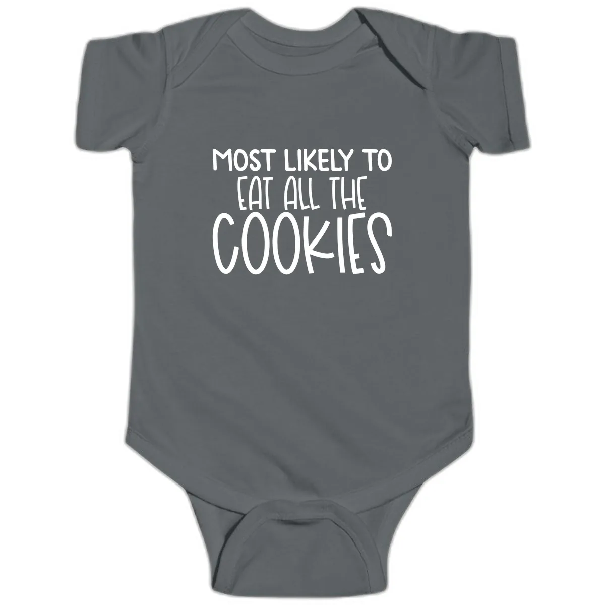 Most Likely To Eat All The Cookies Baby Onesie in Charcoal