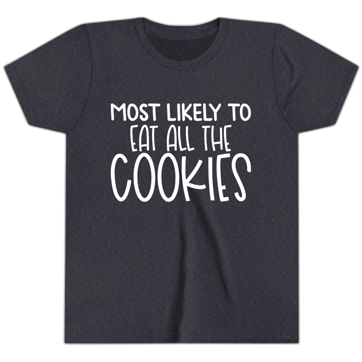 Most Likely To Eat All The Cookies Youth T-Shirt in Heather Navy