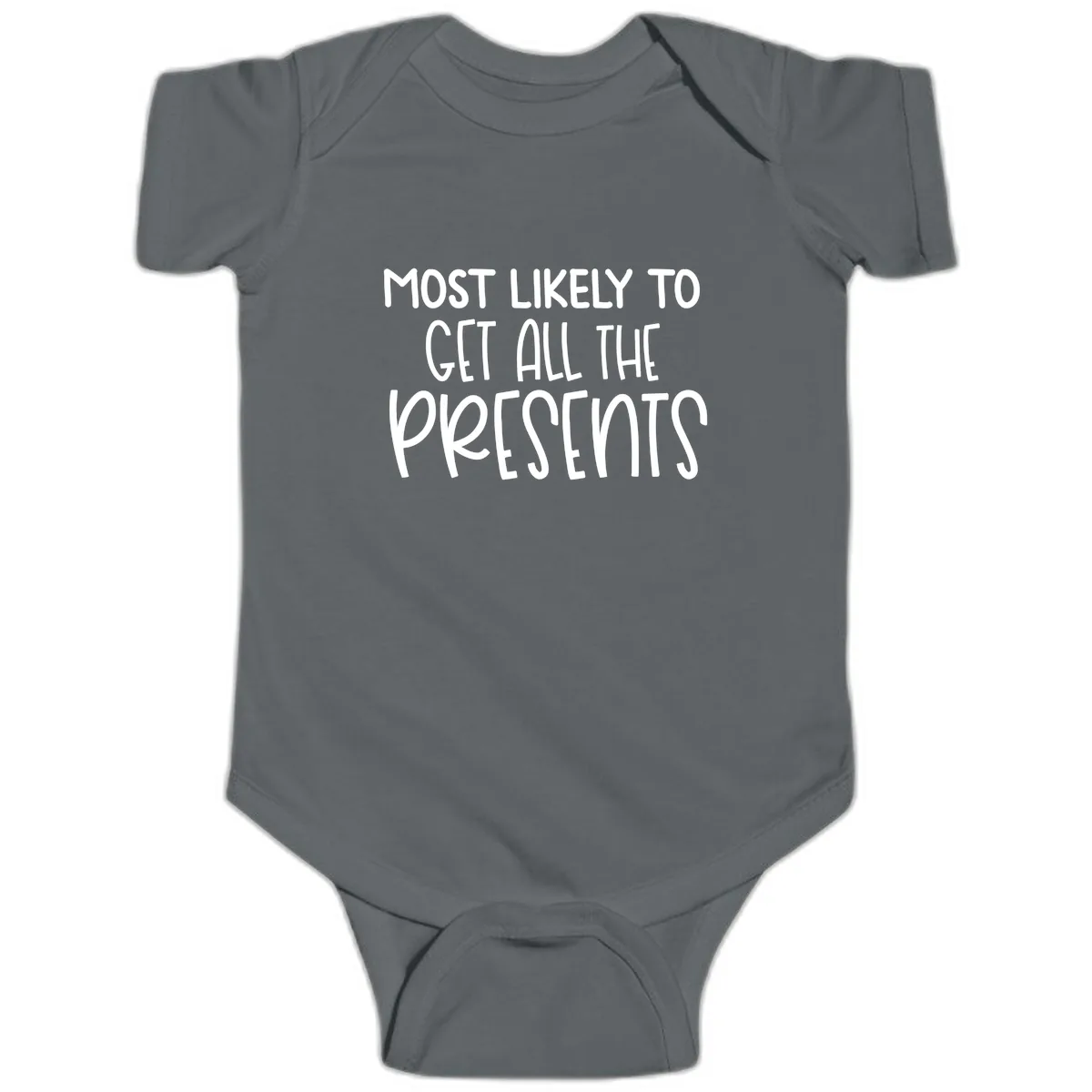 Most Likely To Get All The Presents Baby Onesie in Charcoal