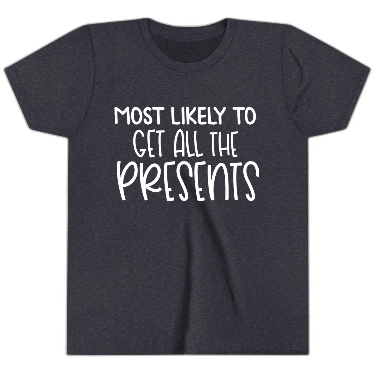 Most Likely To Get All The Presents Youth T-Shirt in Heather Navy