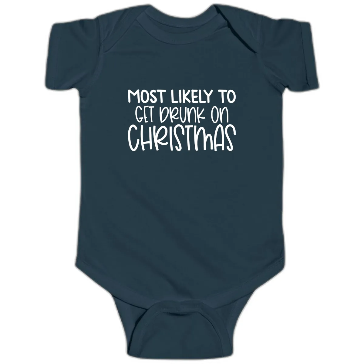 Most Likely To Get Drunk On Christmas Baby Onesie in Navy