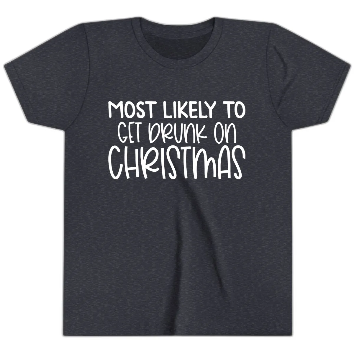 Most Likely To Get Drunk On Christmas Youth T-Shirt in Heather Navy