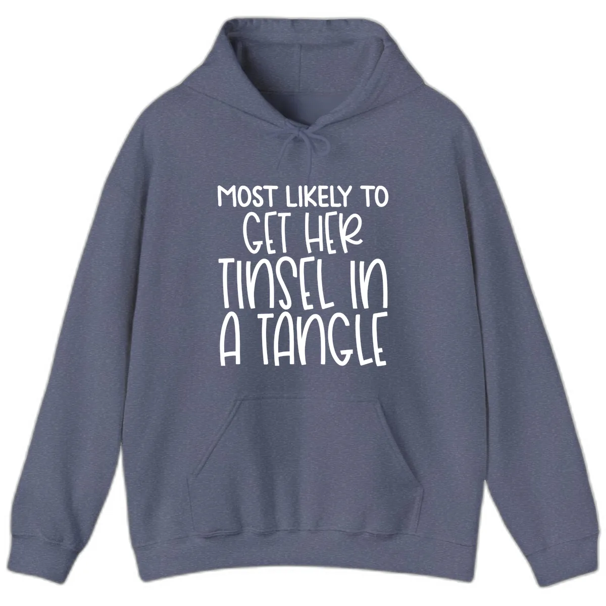 Most Likely To Get Her Tinsel in a Tangle Hoodie in Heather Navy