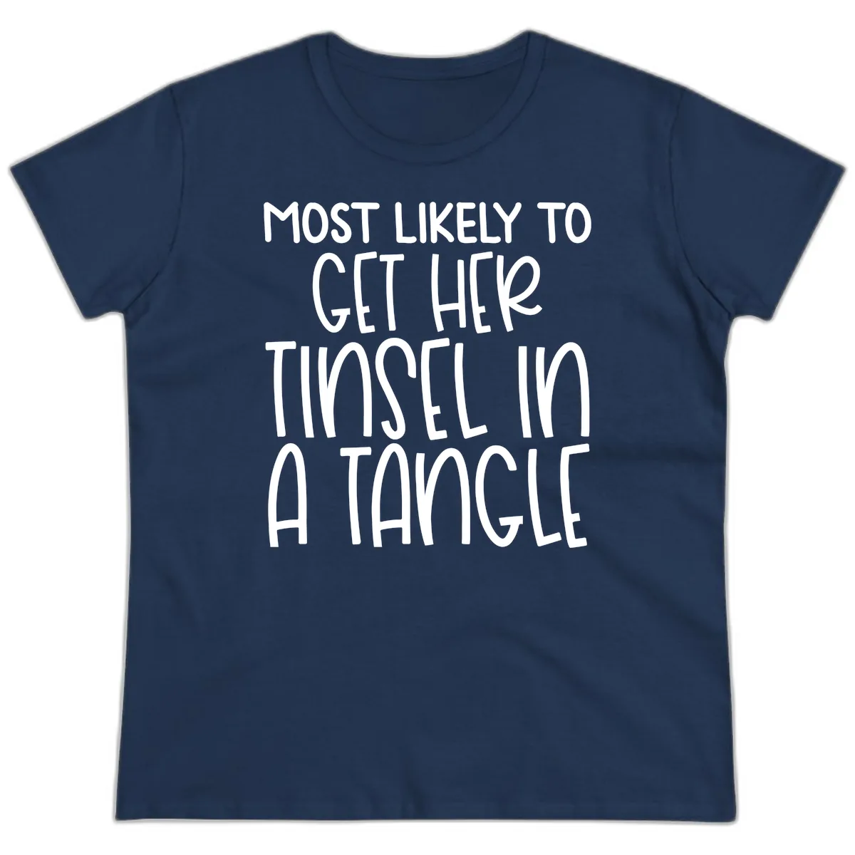 Most Likely To Get Her Tinsel in a Tangle Ladies Tee in Navy