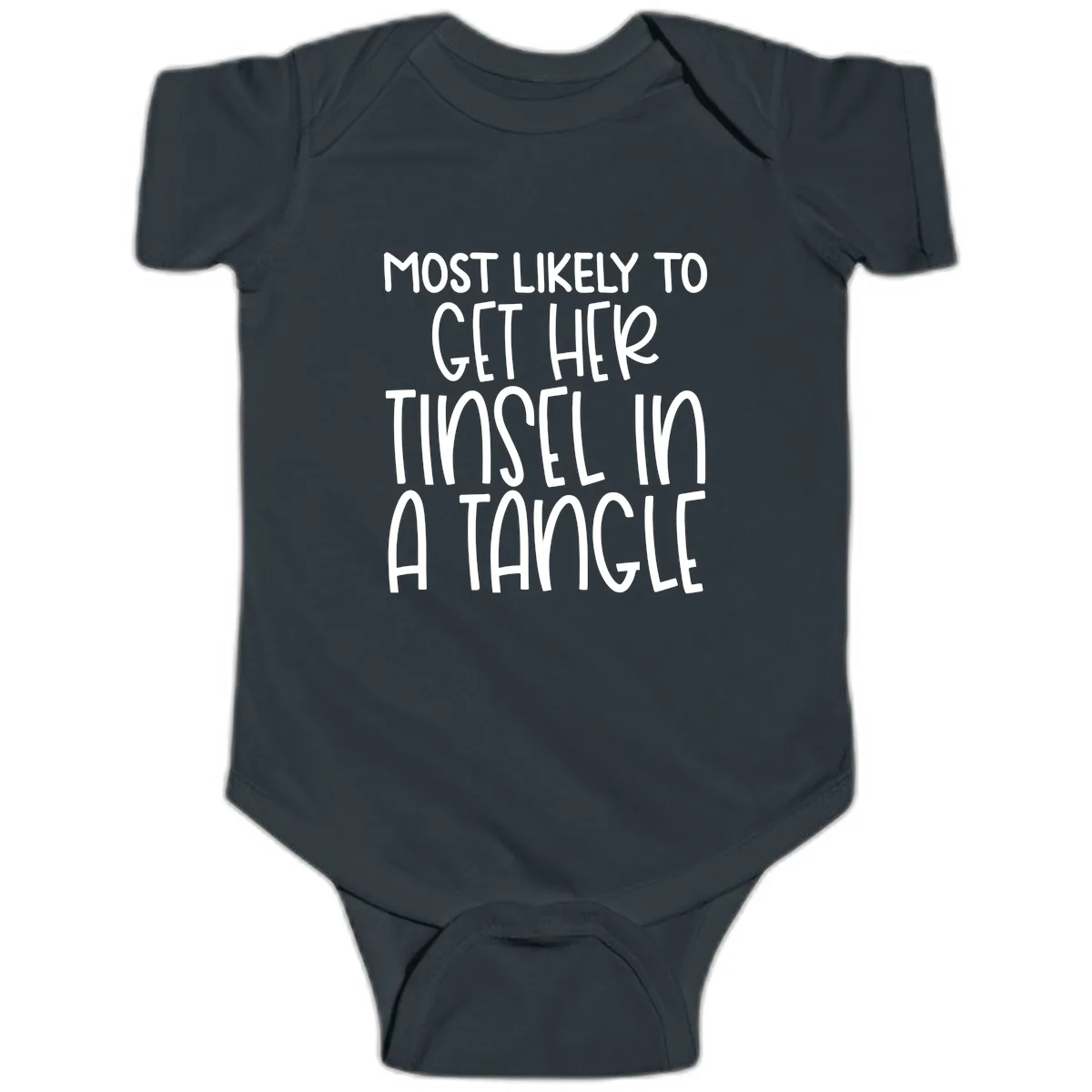 Most Likely To Get Her Tinsel in a Tangle Baby Onesie in Black