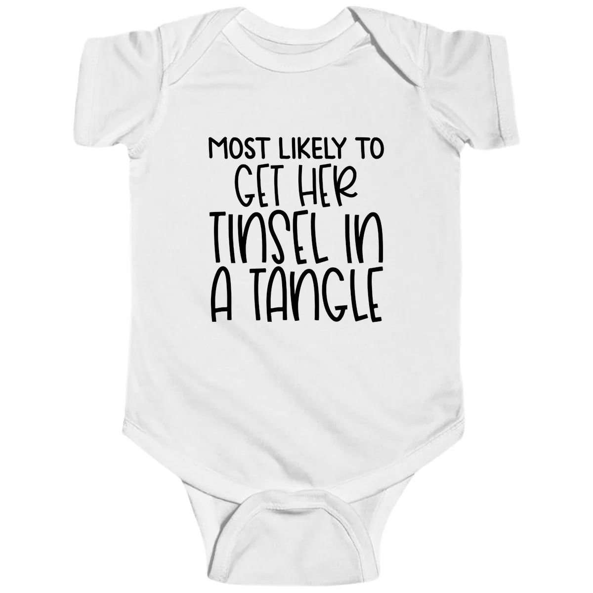 Most Likely To Get Her Tinsel in a Tangle Baby Onesie in White