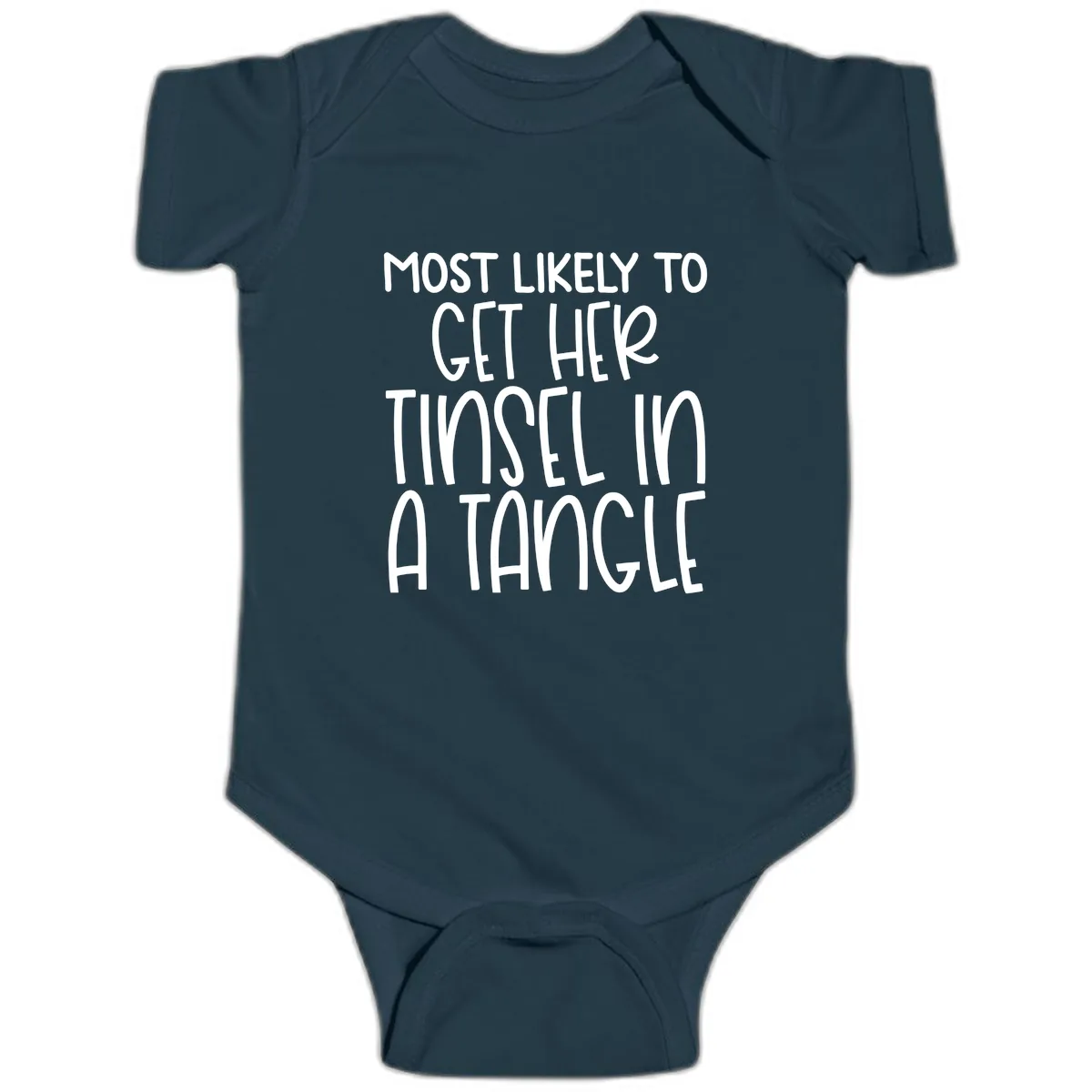 Most Likely To Get Her Tinsel in a Tangle Baby Onesie in Navy