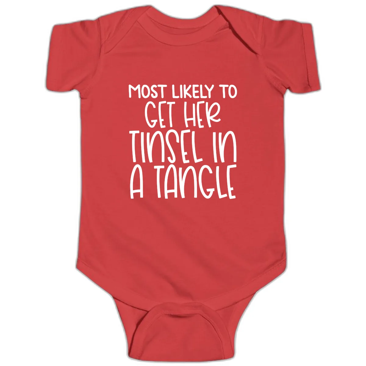 Most Likely To Get Her Tinsel in a Tangle Baby Onesie in Red