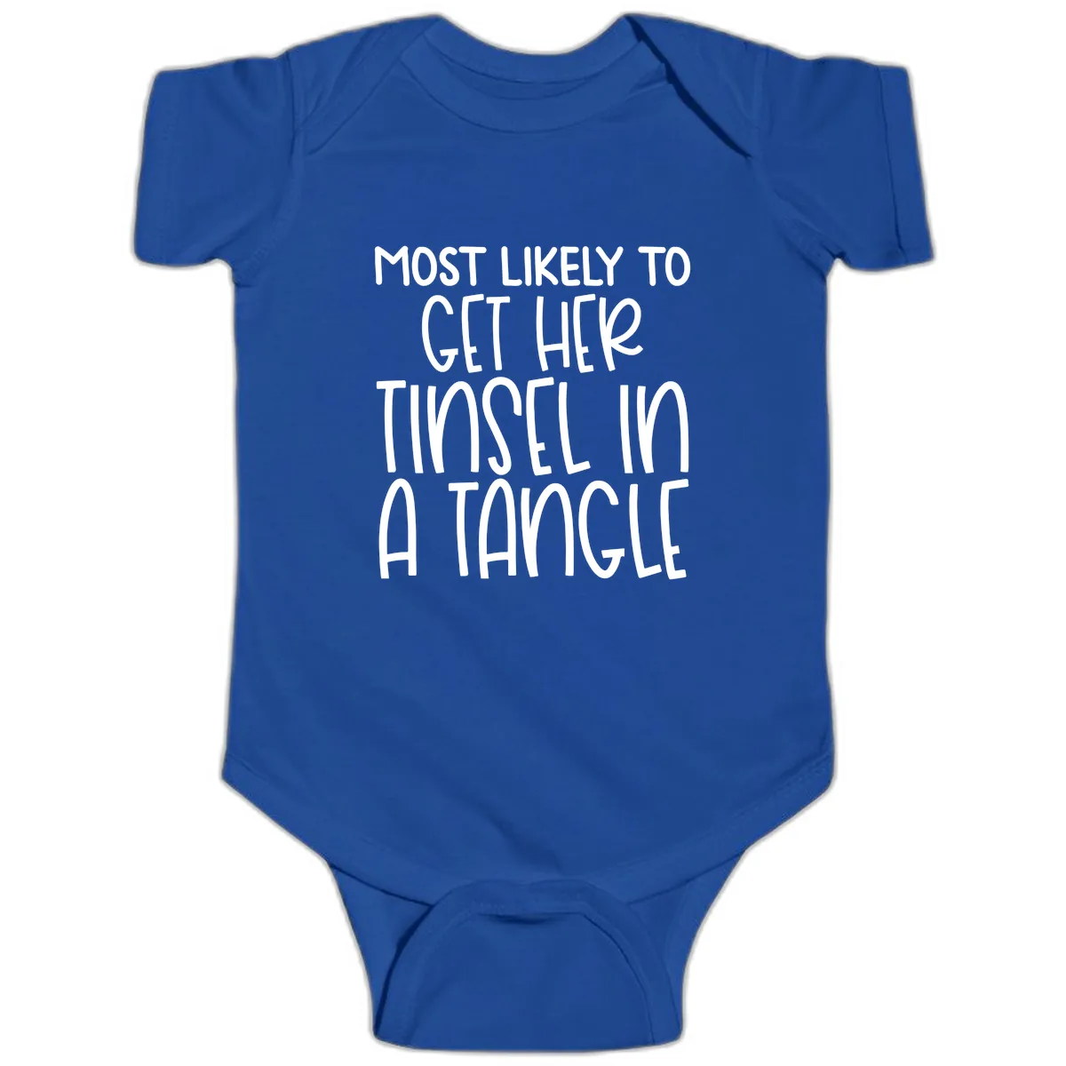 Most Likely To Get Her Tinsel in a Tangle Baby Onesie in Royal
