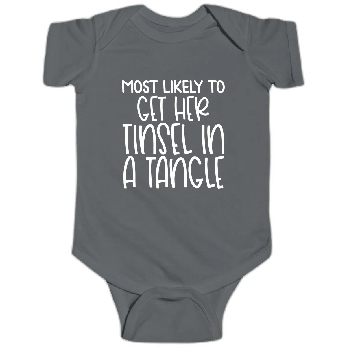 Most Likely To Get Her Tinsel in a Tangle Baby Onesie in Charcoal