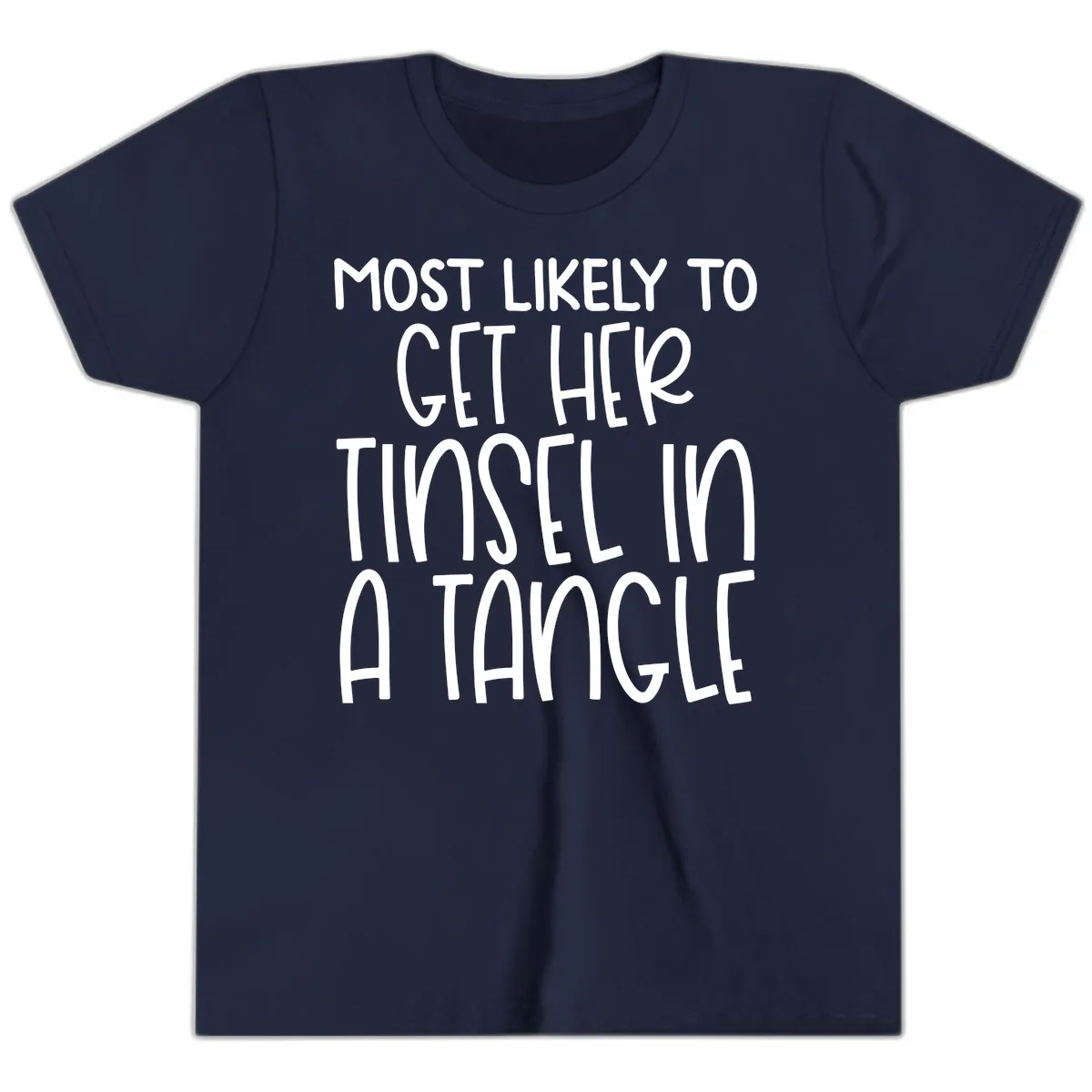 Most Likely To Get Her Tinsel in a Tangle Youth T-Shirt in Navy