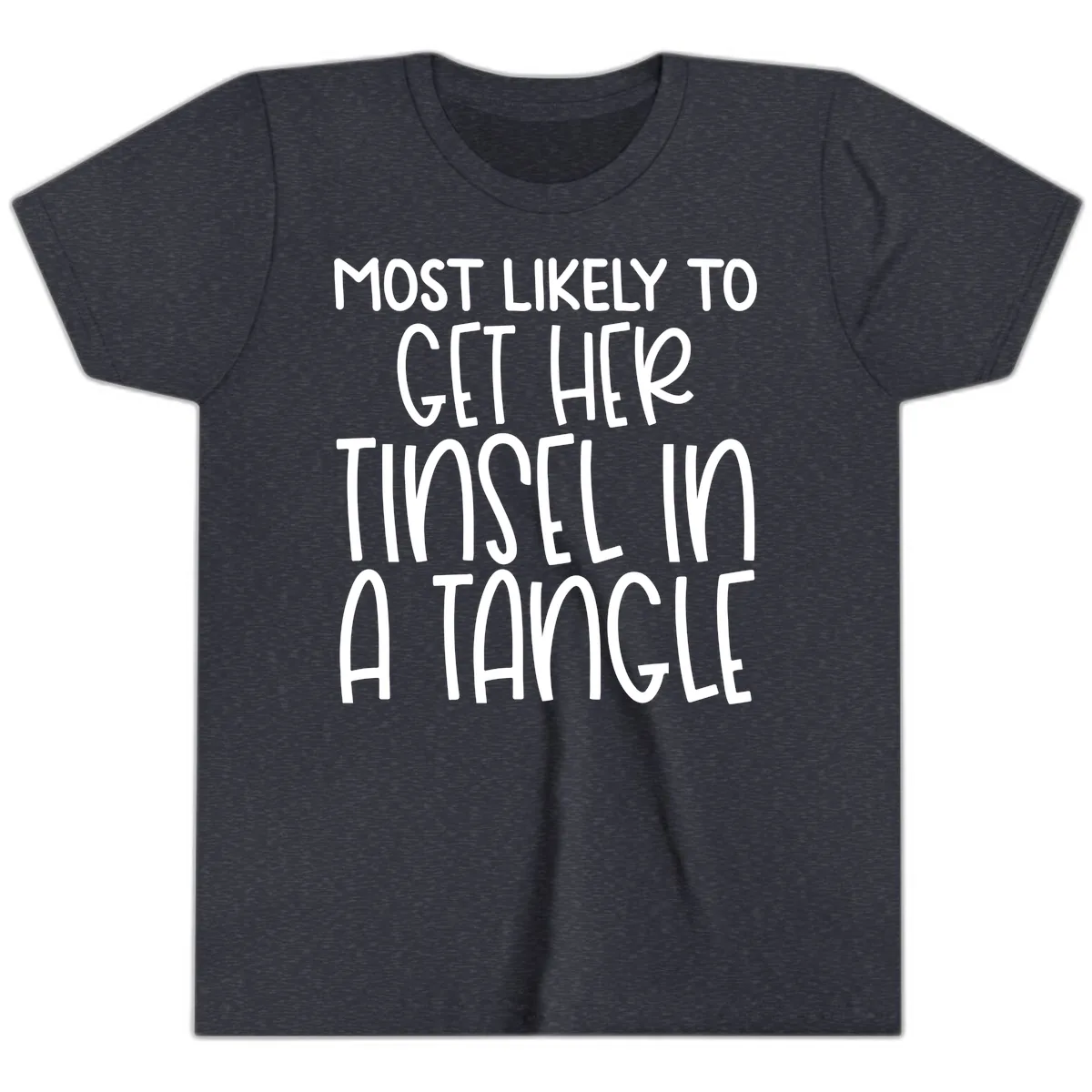 Most Likely To Get Her Tinsel in a Tangle Youth T-Shirt in Heather Navy