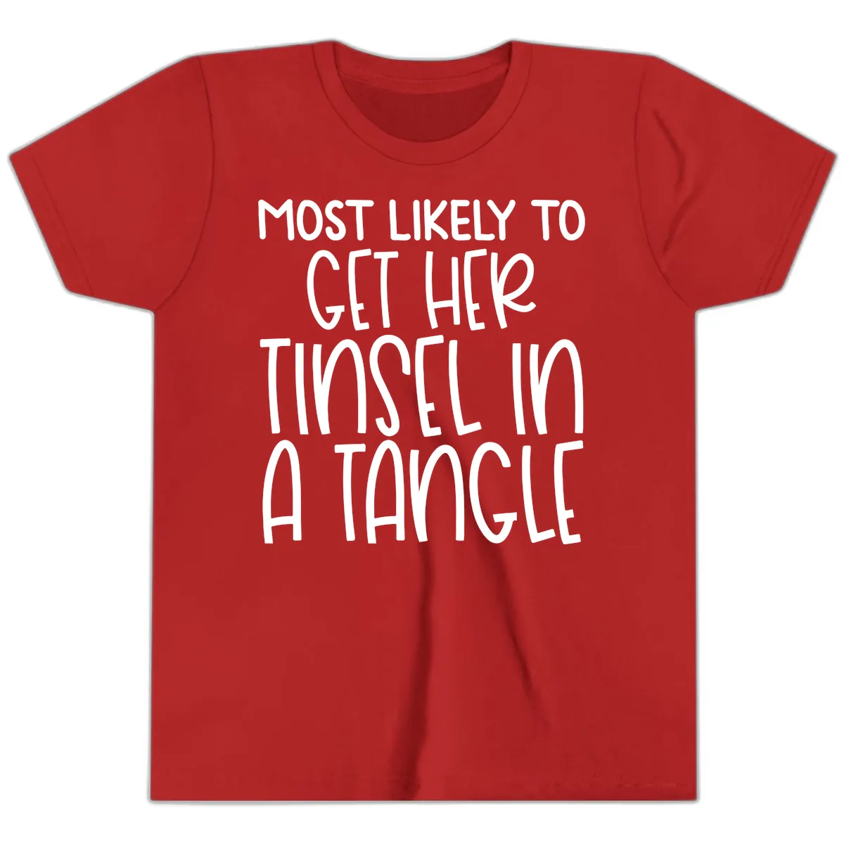 Most Likely To Get Her Tinsel in a Tangle Youth T-Shirt in Red
