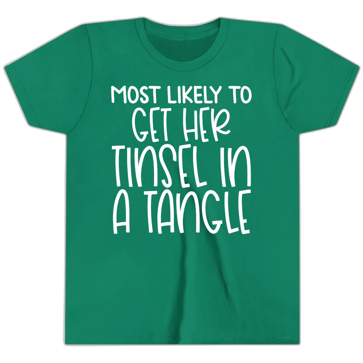 Most Likely To Get Her Tinsel in a Tangle Youth T-Shirt in Kelly
