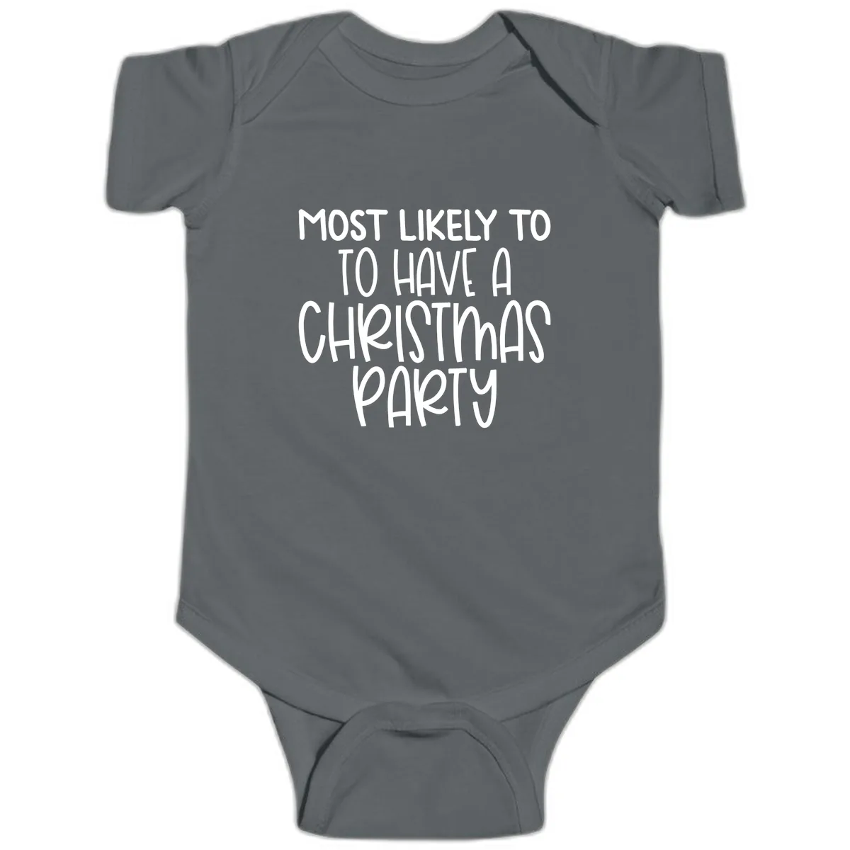 Most Likely To Have A Christmas Party Baby Onesie in Charcoal