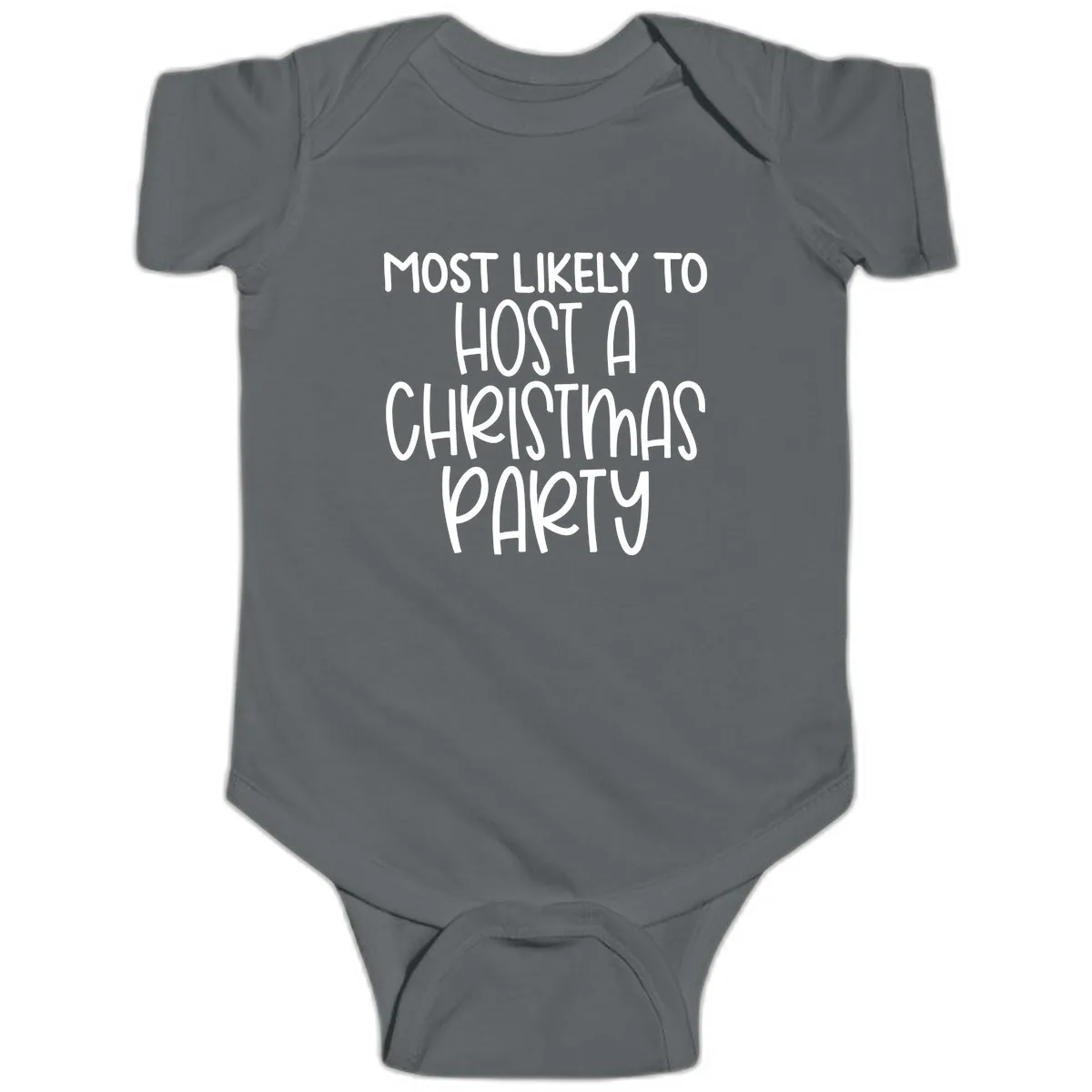 Most Likely To Host A Christmas Party Baby Onesie in Charcoal