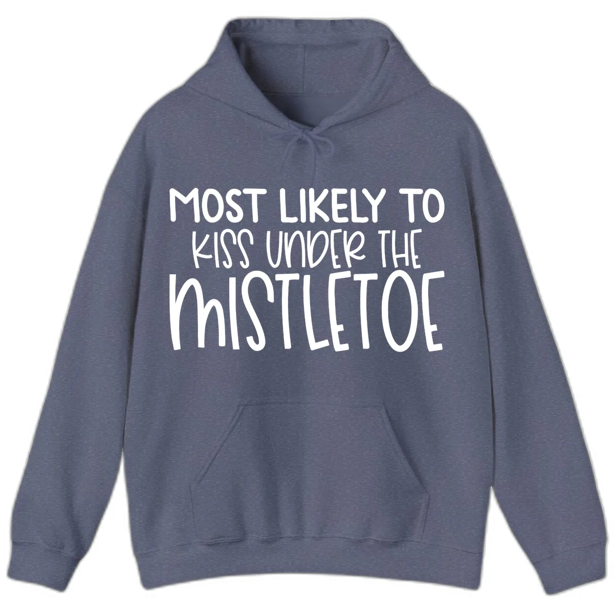 Most Likely To Kiss Under Mistletoe Hoodie in Heather Navy