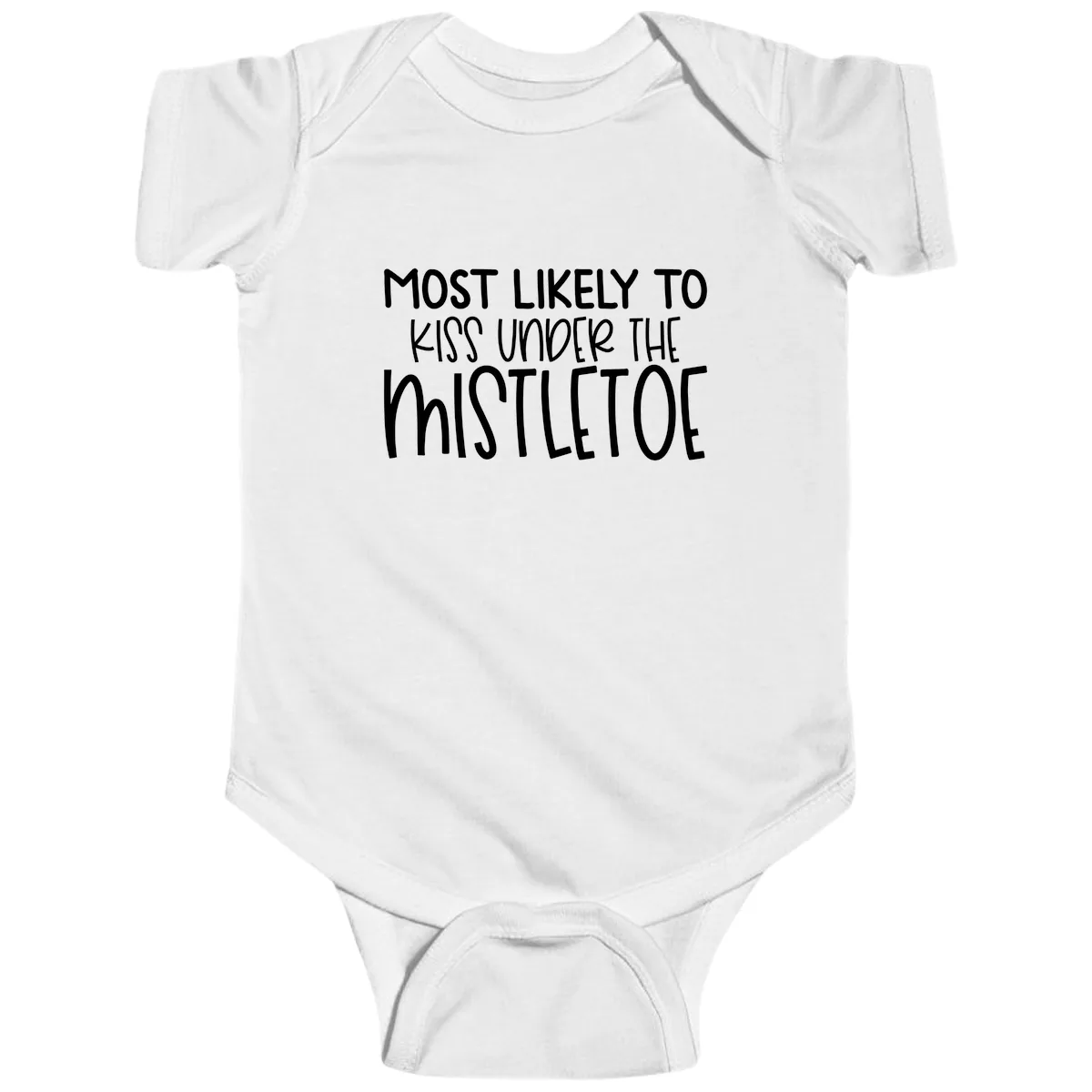 Most Likely To Kiss Under Mistletoe Baby Onesie in White