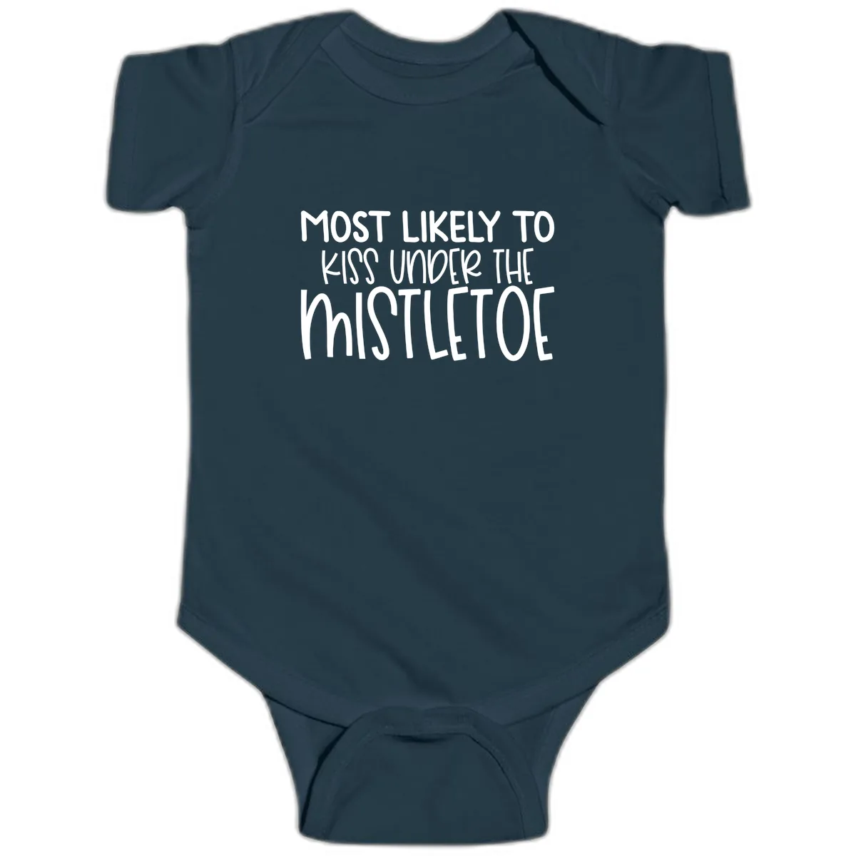 Most Likely To Kiss Under Mistletoe Baby Onesie in Navy