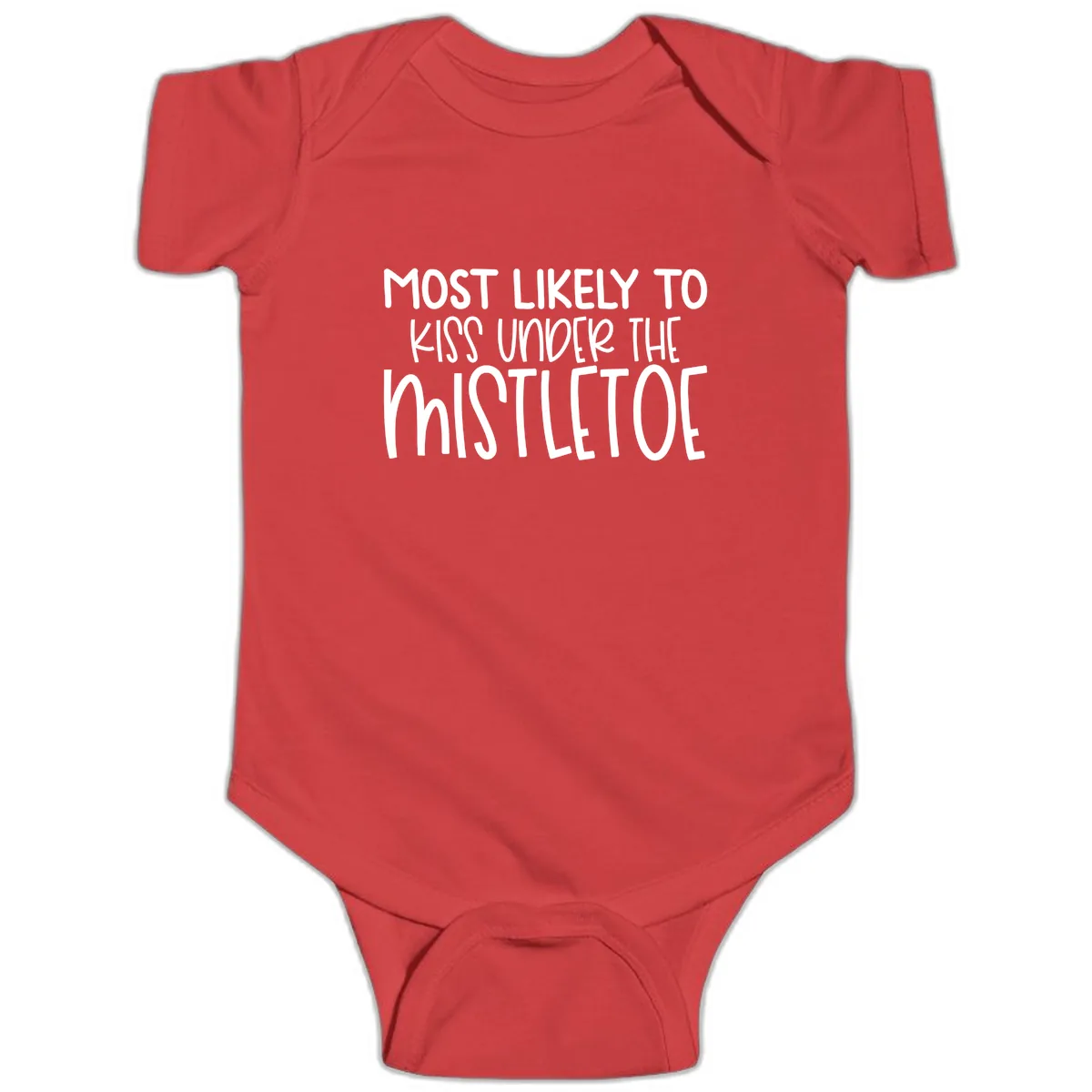 Most Likely To Kiss Under Mistletoe Baby Onesie in Red
