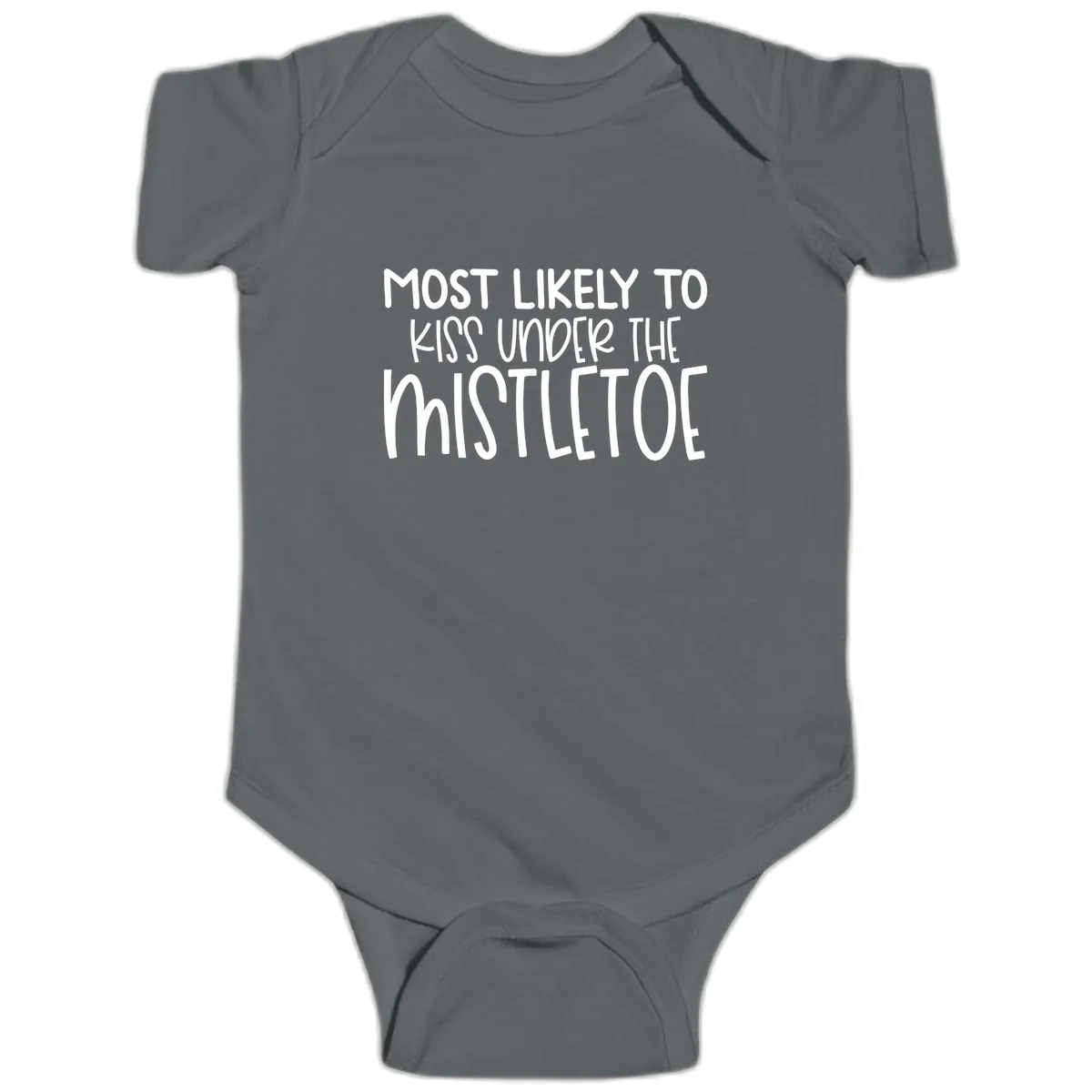 Most Likely To Kiss Under Mistletoe Baby Onesie in Charcoal